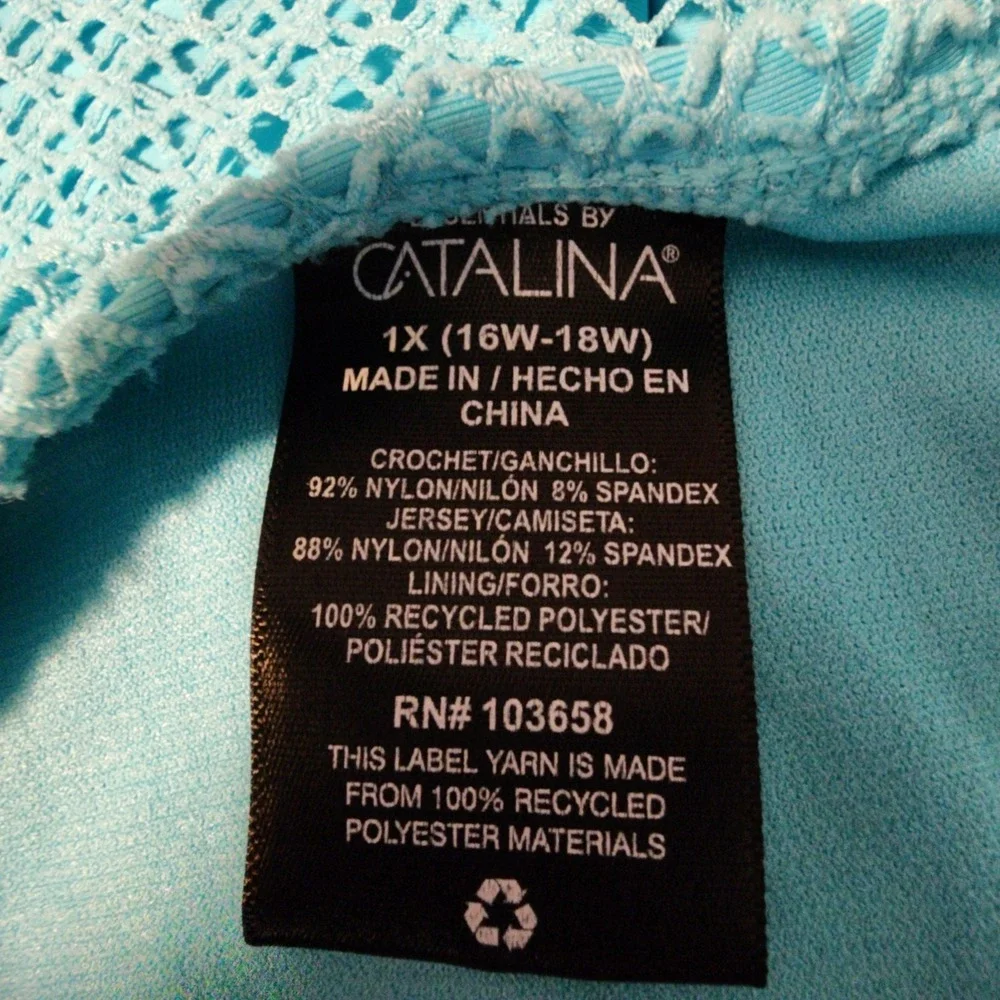CATALINA Size 1X Aqua Blue Crochet Mesh Halter Tankini Swimsuit One Piece Beach